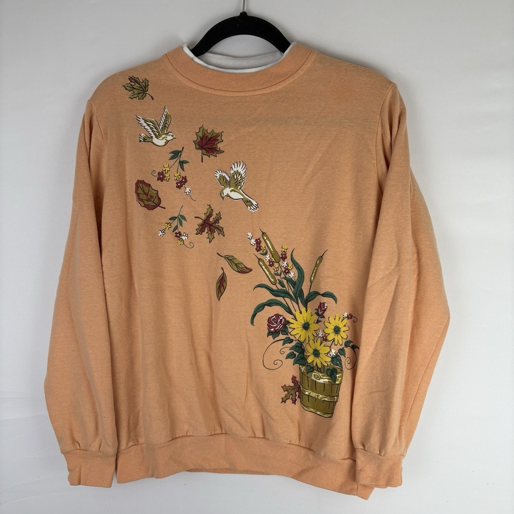 Comfort Corner Women's Medium Peach Sweat Shirt Floral Birds Seasonal